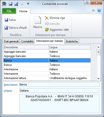 Parametri contabilità-Intestazioni per stampe