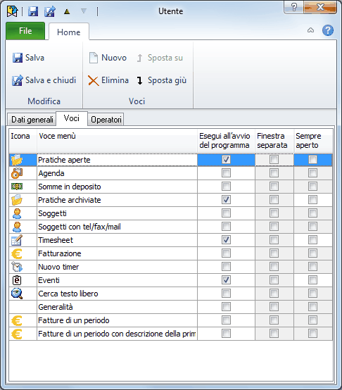 Voci del menu Avvio rapido