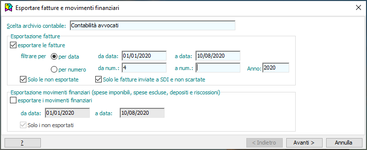 Esportare fatture e movimenti finanziari-Scelta dati da esportare
