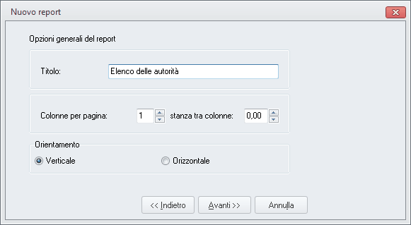 Creazione nuovo report-Opzioni