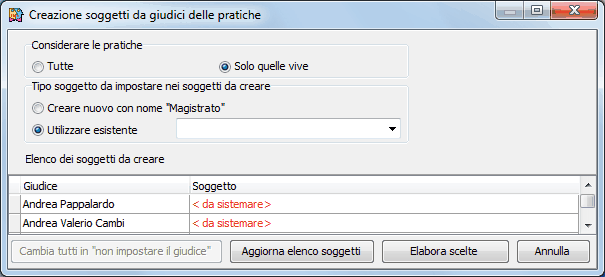 Creazione soggetti da giudici delle pratiche