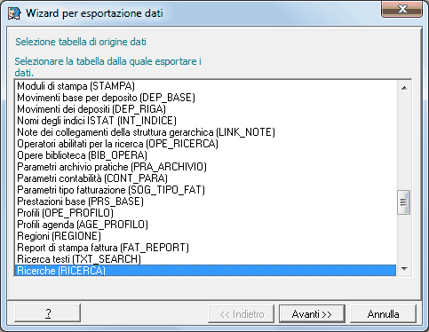 Export-Selezione tabella di origine dati