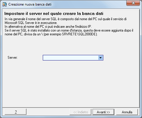 Creare una nuova banca dati-Impostare il server